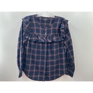 Madewell Women’s Long Sleeve Plaid Ruffle Yoke Button Front Blouse Navy Size XS